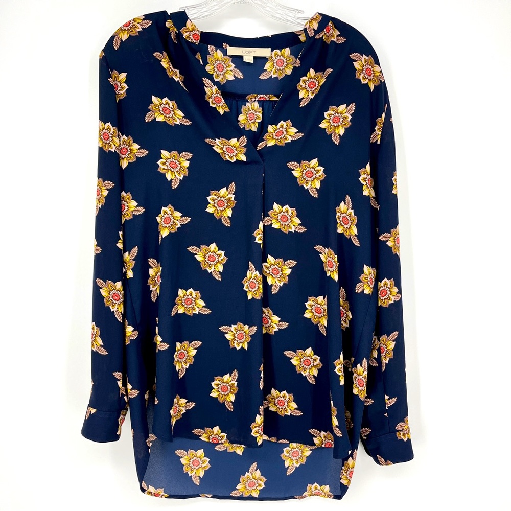 Loft Navy Blue Floral Blouse High Low V Neck Business Casual Small Roll Sleeves